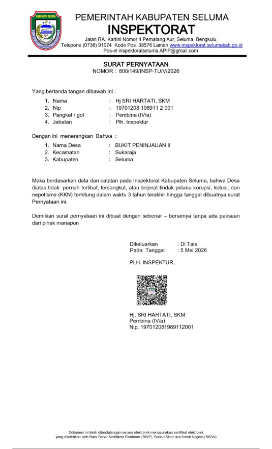 Menjadi Salah Satu Peserta Kegiatan Lomba Perluasan Percontohan Desa Anti Korupsi, Desa Bukit Peninjauan II mendapatkan Surat Penyataan dari Inspektorat Kab. Seluma